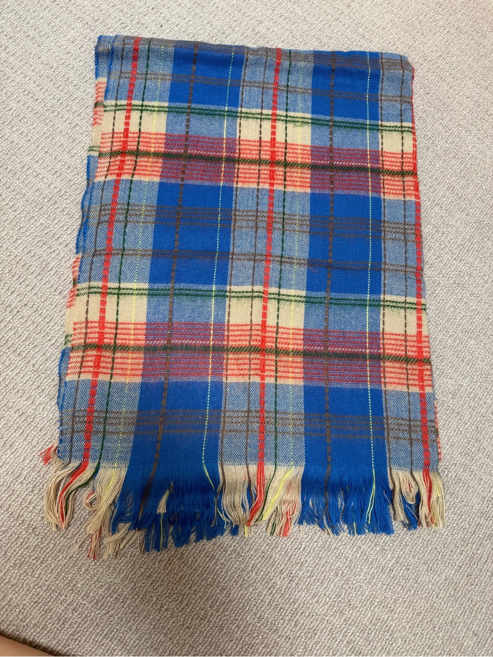 free press Blue Plaid Fringe Scarf with Red, Cream, Green Accents